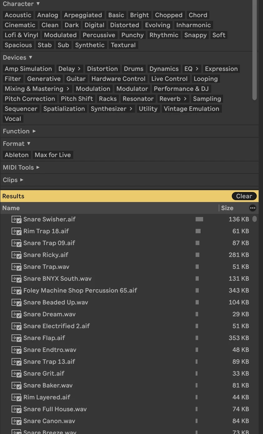 Live browser: tag filters for Character (Acoustic, Analog, Punchy, Snappy and more) and Devices above a Results list of snare samples sorted by similarity