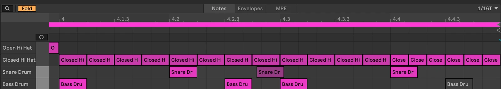 Bar 4 of the Beat clip zoomed in: a quiet ghost snare just after 4.2.3, darker than the main snares, a deactivated grey kick at 4.4.3, and a six-note triplet hi-hat roll on the last beat
