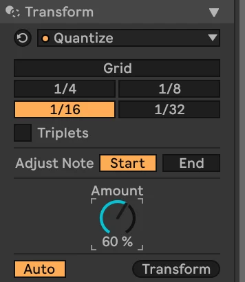The Quantize tool in the clip's Transform panel: 1/16 selected among the Grid, 1/4, 1/8 and 1/32 buttons, Triplets off, Adjust Note set to Start, Amount at 60 % and Auto switched on
