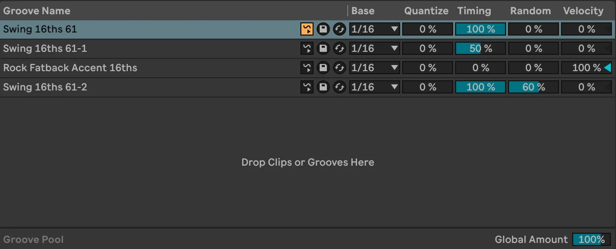 The Groove Pool with four grooves: Swing 16ths 61 at Timing 100%, a copy named Swing 16ths 61-1 at Timing 50%, Rock Fatback Accent 16ths at Timing 0% and Velocity 100%, and Swing 16ths 61-2 with Random 60%; each has Base 1/16 and Quantize 0%, and Global Amount sits at 100% underneath