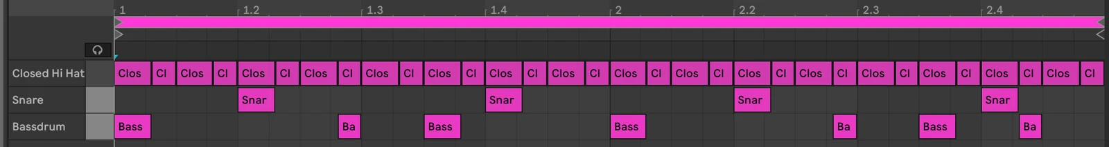 The Committed clip after Commit: the hi-hats now alternate long and short, because every second sixteenth starts later than its grid line, and the kicks on off-beat sixteenths have moved late too
