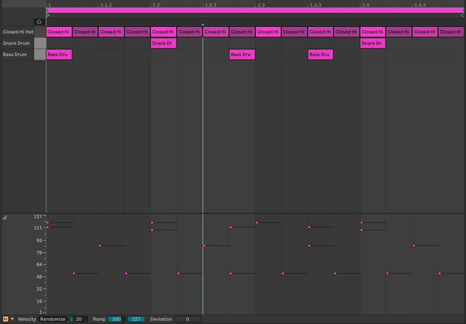 One bar of the Accents clip with the Velocity Editor below the notes: hi-hat markers at about 118 on each beat, 88 on the off-beat eighths and 52 on the sixteenths in between; kicks and snares around 110